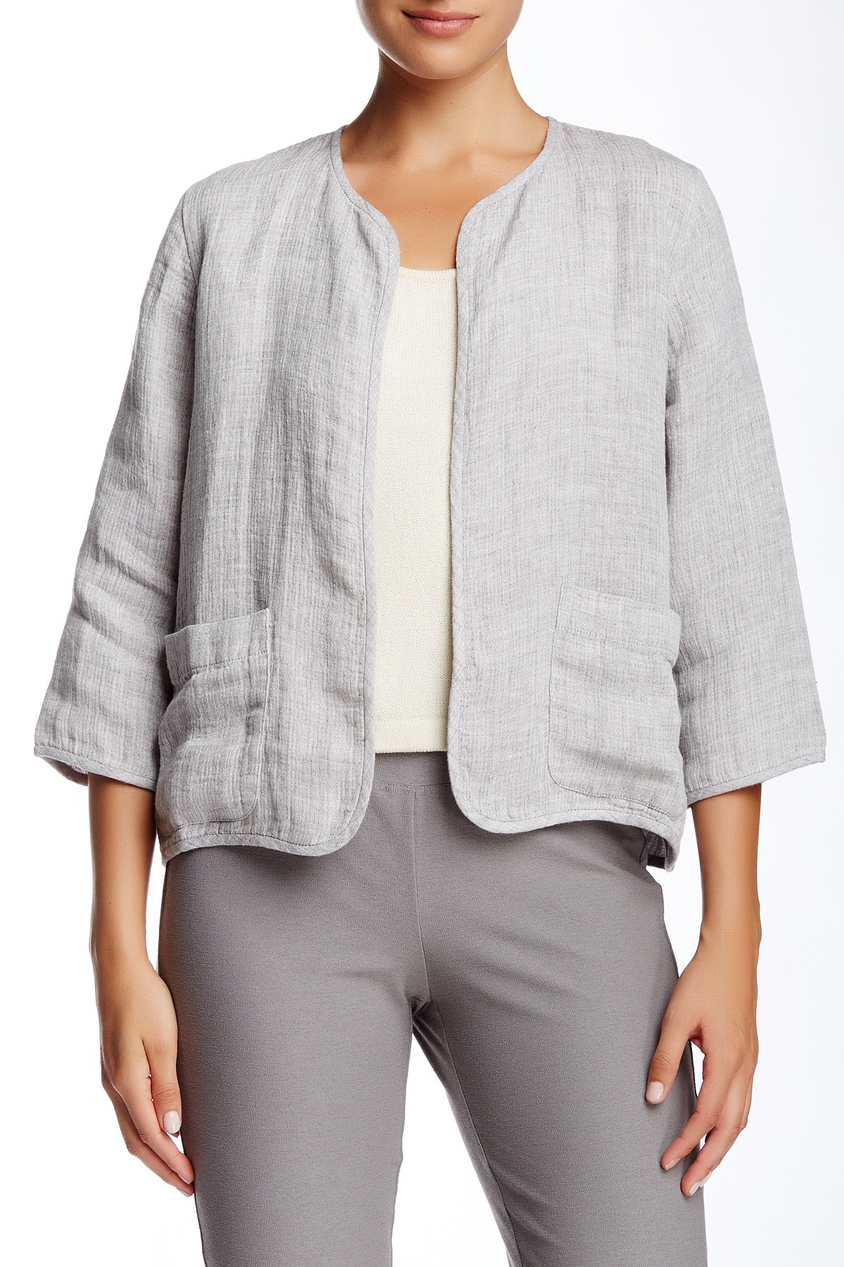 Eileen Fisher Linen Blend Crop Jacket in Gray Lyst